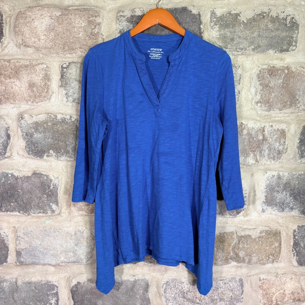 Chicos The Ultimate Tee Royal Blue Split Neck 3/4 Sleeve Slub Tunic Size 1 Med